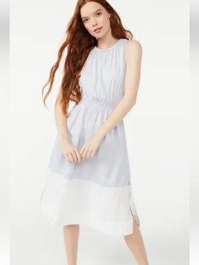 Free Assembly XL Blue White Colorblock Cotton Sleeveless Midi Dress Pockets Tie